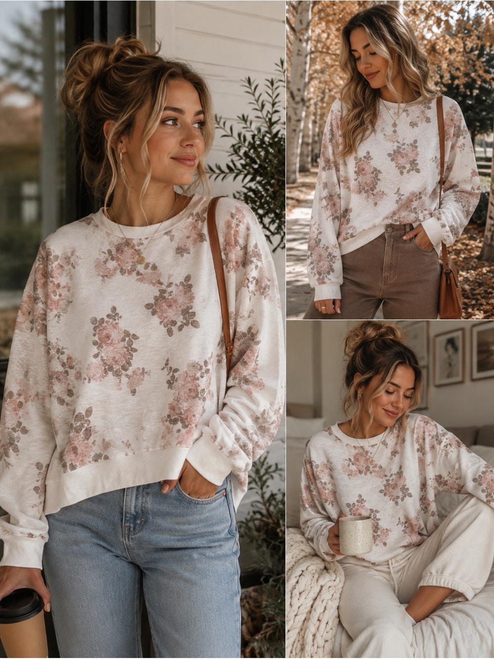 Francesca's Collections Cream Sweatshirt with Pink Floral Print